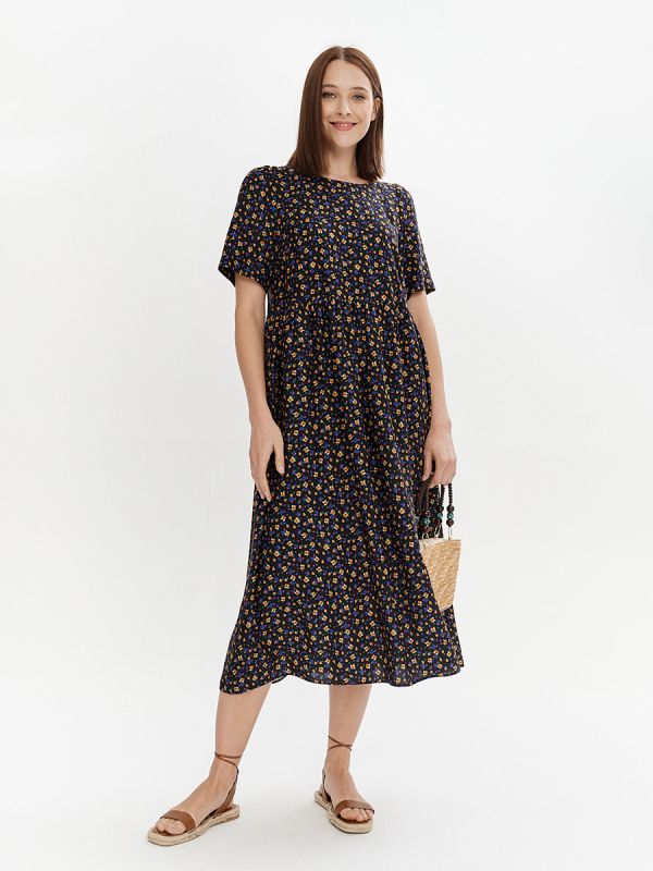 Black midi print dress with 3/4 sleeves