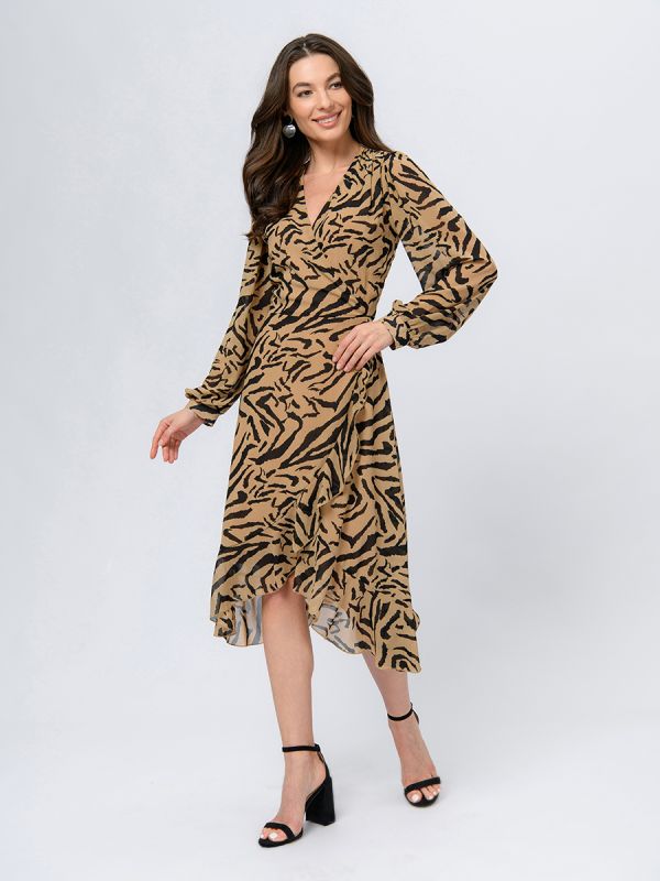 Beige colored midi length dress with animalistic print