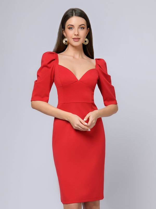 Red dress with puffed sleeves and deep neckline