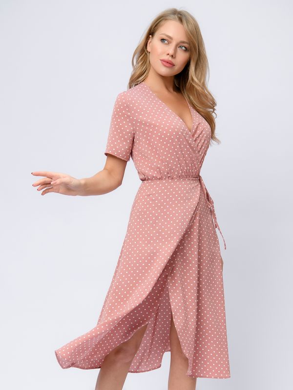 Pink polka dot dress with short sleeves