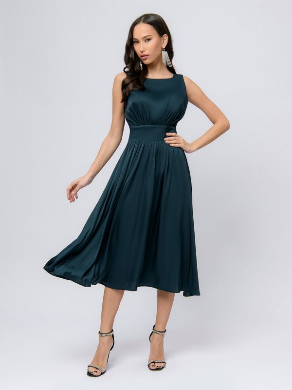 Dark green sleeveless midi length dress