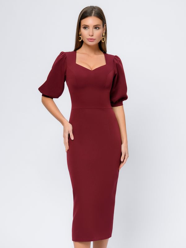 Midi length burgundy flare dress with shaped neckline