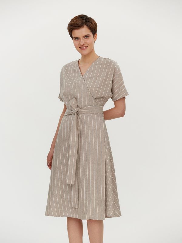 Beige striped dress with a flap and short sleeves