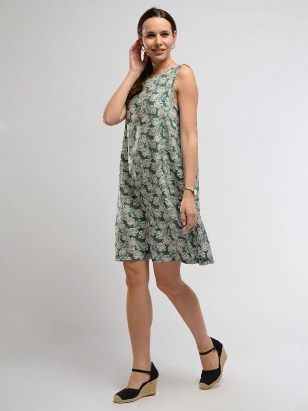 Sleeveless green printed mini length dress