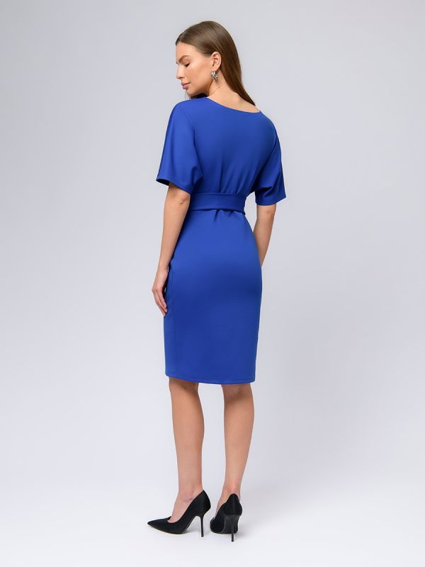 Cornflower mini length dress with waistband and batwing sleeve