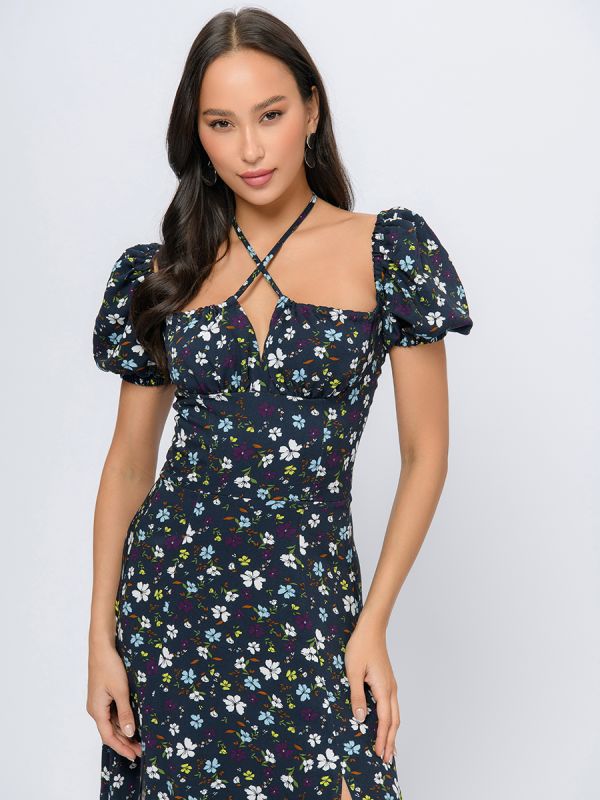 Navy blue print midi length dress with gathered bodice and short sleeves