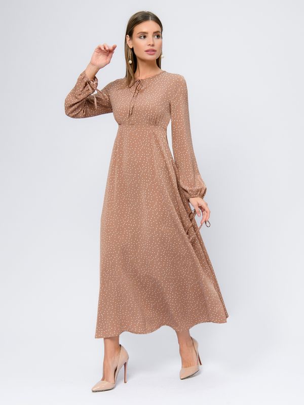 Long-sleeved mocha polka dot dress