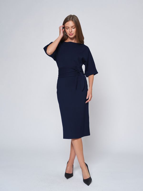 Blue midi length dress with belt and batwing sleeve