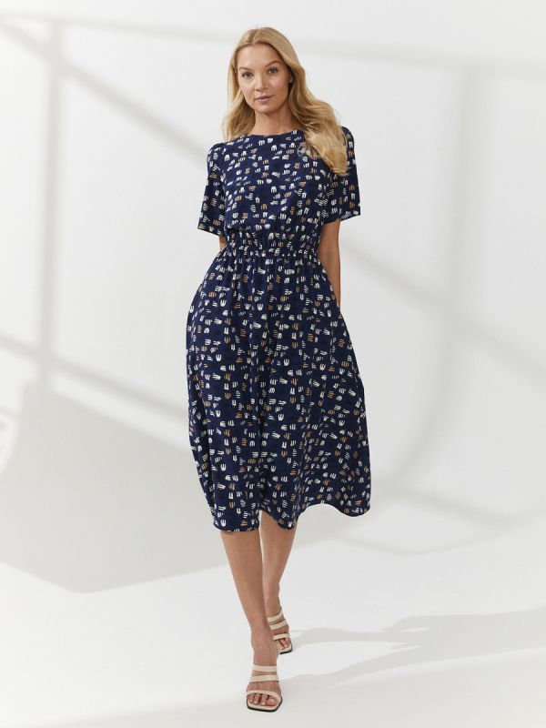 Dark blue midi length print dress with short sleeves