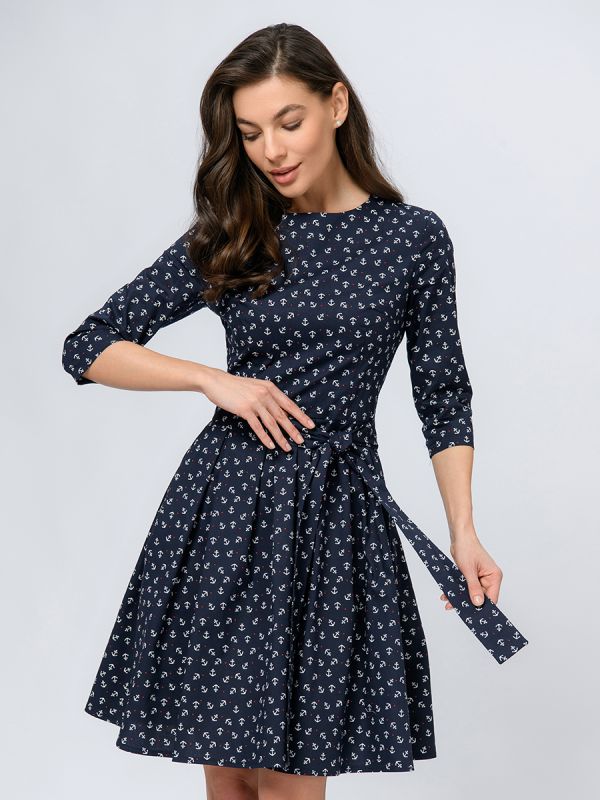 Navy blue mini length dress with print and 3/4 sleeves