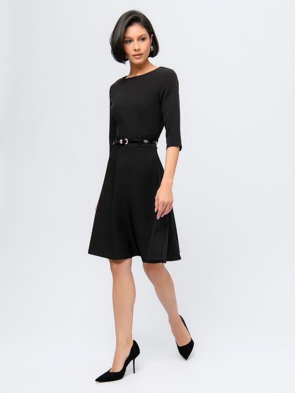 Black dress with 3/4 sleeves and flared skirt