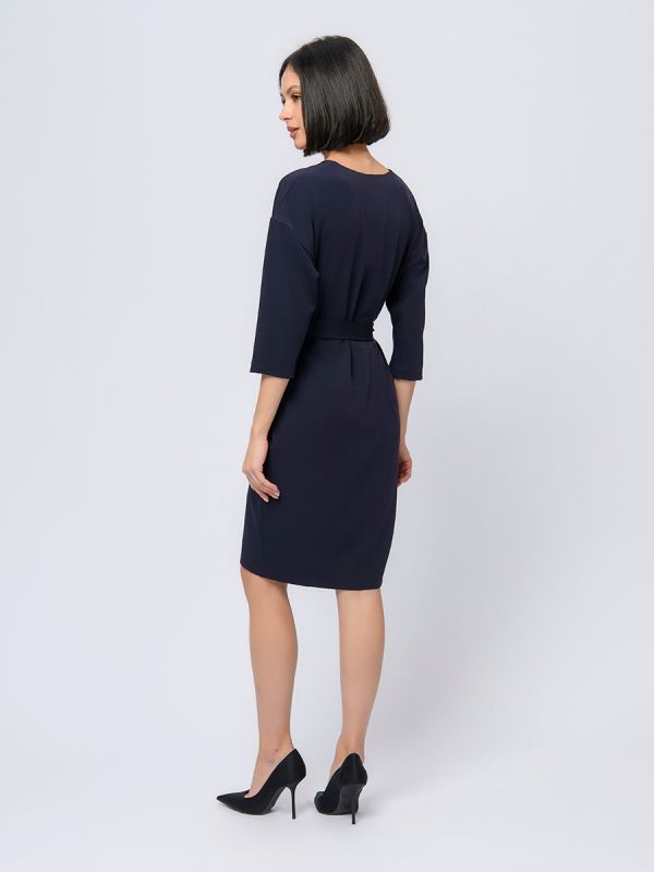 Blue midi length dress with red insert and 3/4 sleeves