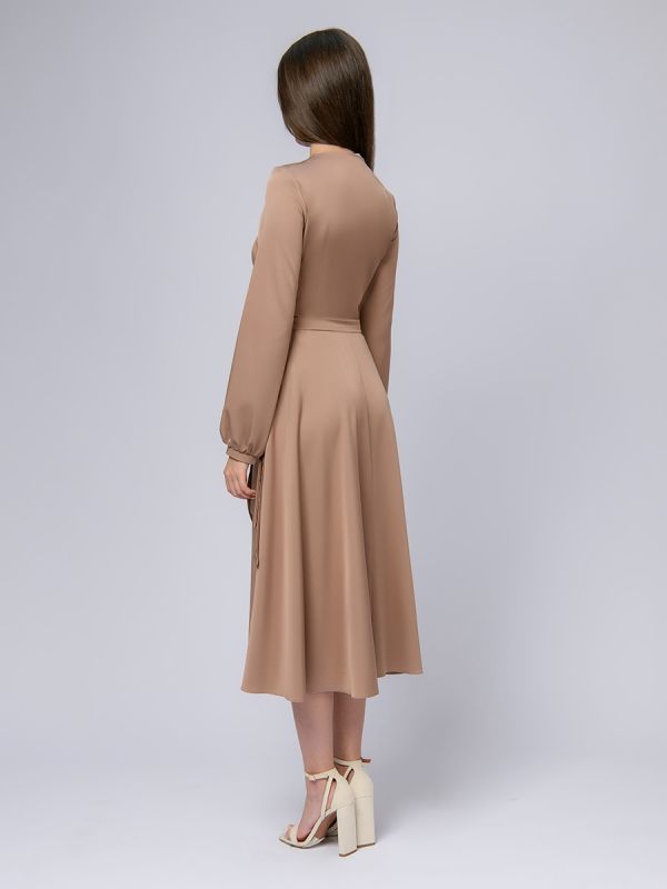 Beige midi length dress with long sleeves and flare