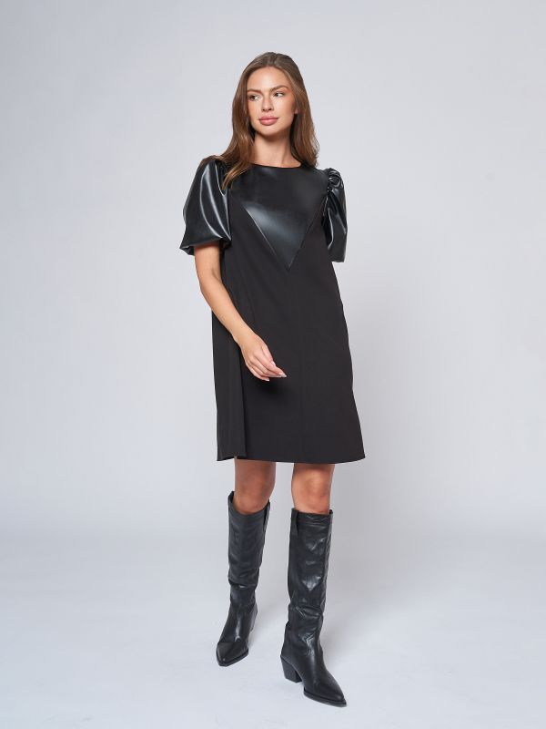 Black mini length dress with puffed sleeves and leather inset