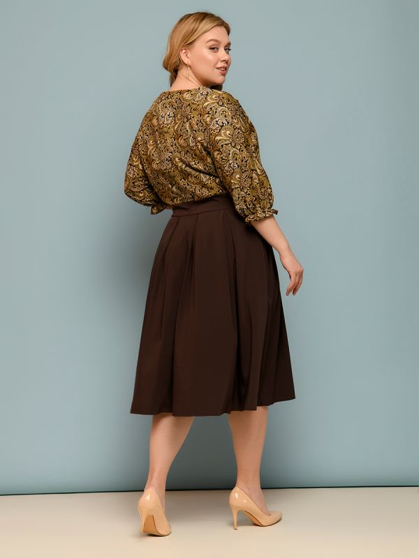 Dark brown midi length dress with printed top and batwing sleeve