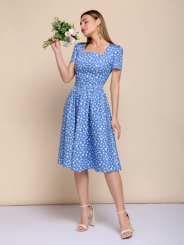 Retro blue floral midi length dress with floral print