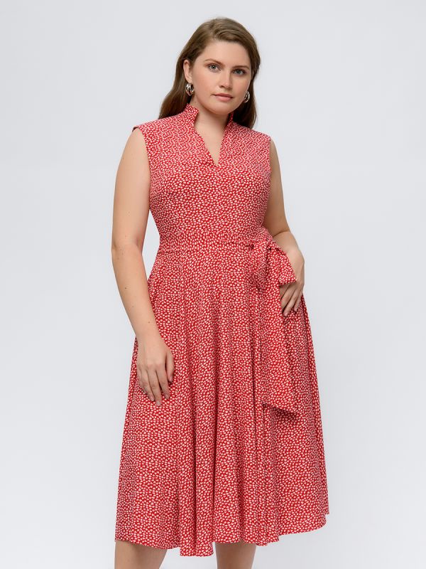 Sleeveless red print midi length dress