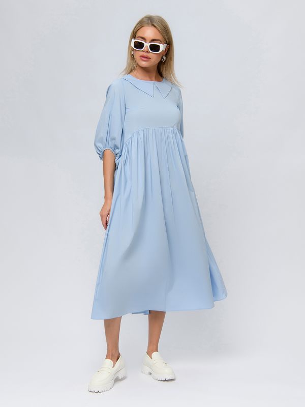 Blue color dress with puffed sleeves and high waist