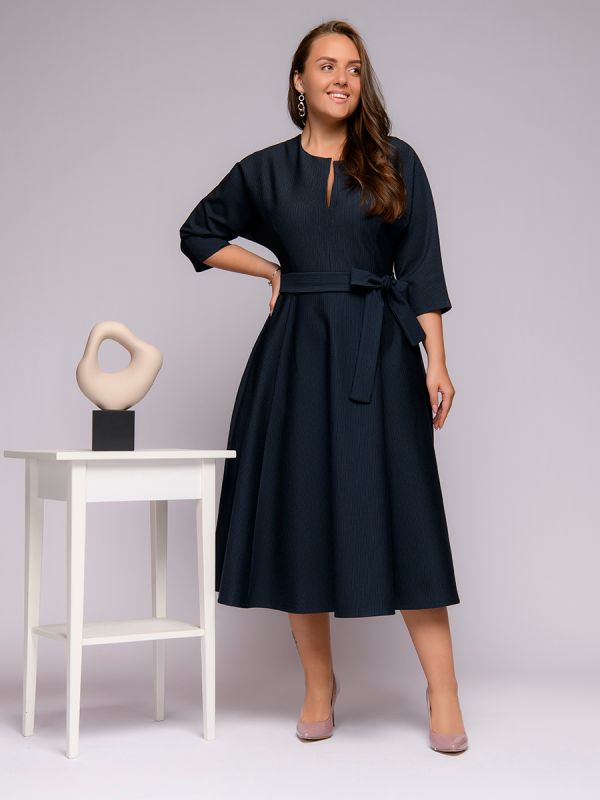 Dark blue striped midi dress with batwing sleeves