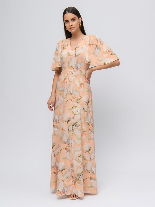 Beige color print maxi length dress with deep neckline