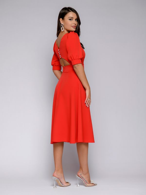 Red midi length dress with shaped neckline on the back