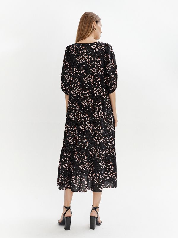 Black printed midi dress with flounce and wide sleeves