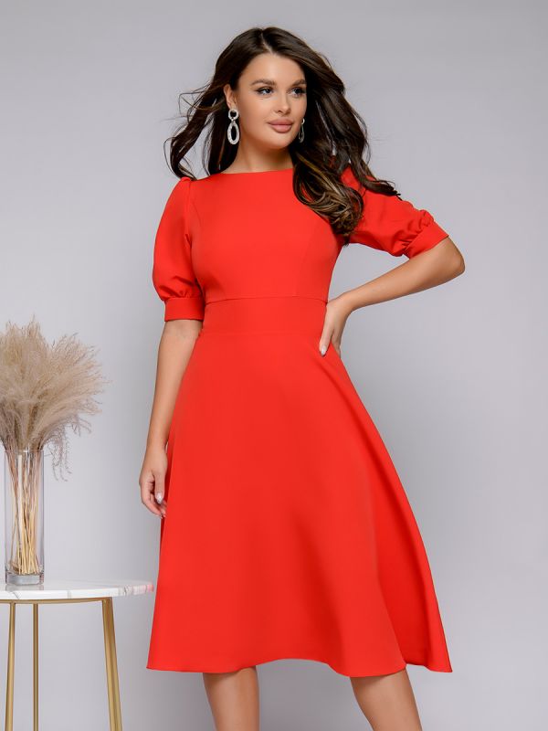 Red midi length dress with shaped neckline on the back