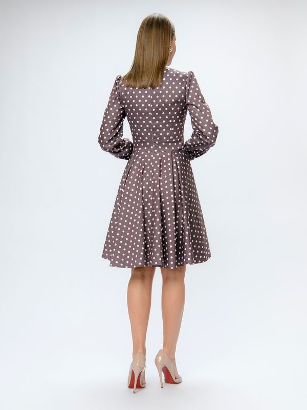 Beige polka dot mini length dress with puffed sleeves