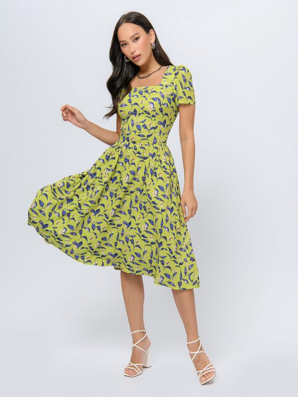 Lime colored midi length dress with floral print