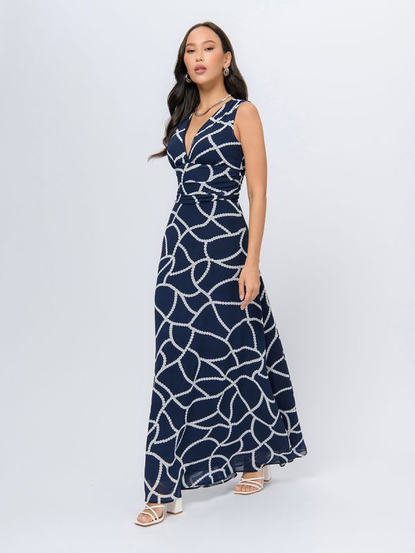 Blue color maxi length dress with print and deep neckline