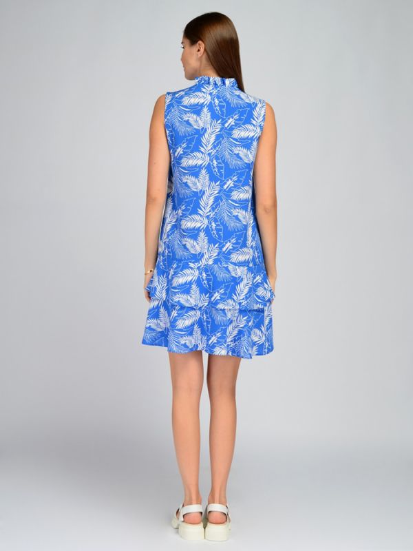 Blue mini length dress with print and flounces on skirt