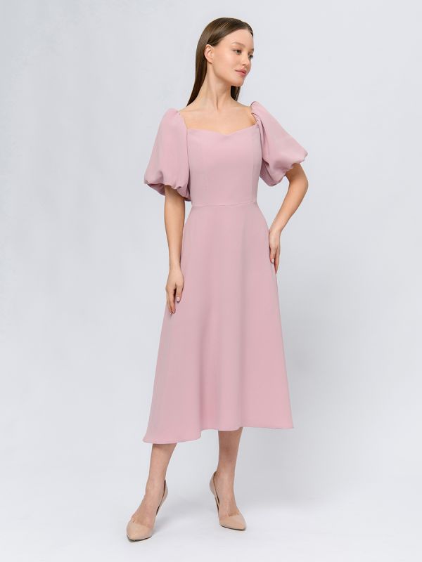 Dusty rose colored midi length dress with puffy skirt and open shoulders