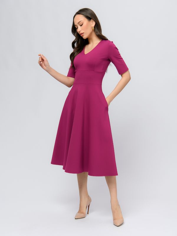 Berry colored midi length dress with deep neckline and 1/2 sleeves