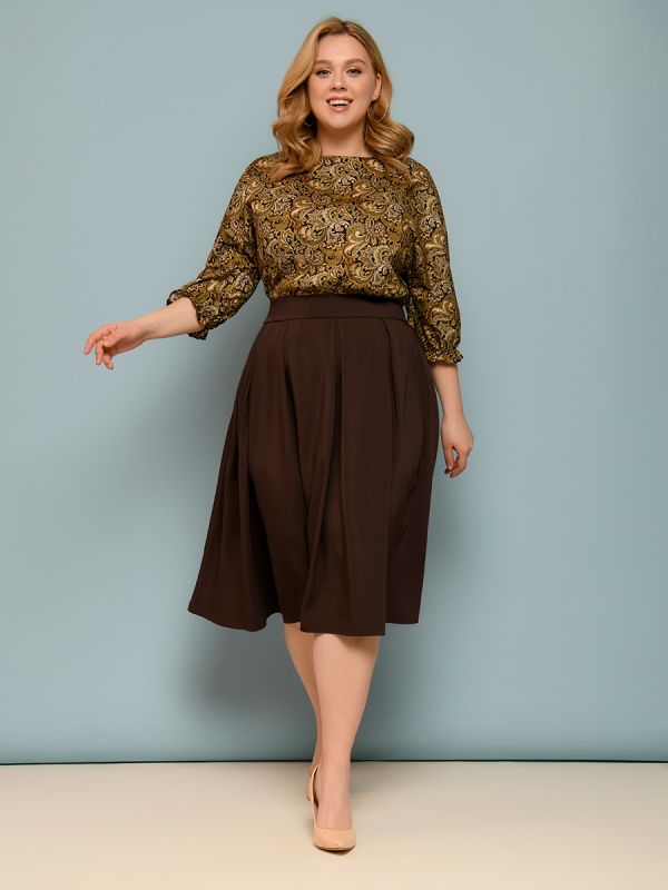 Dark brown midi length dress with printed top and batwing sleeve