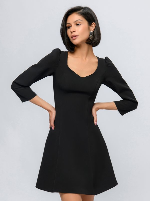 Black mini length dress with 3/4 sleeves and v-neckline