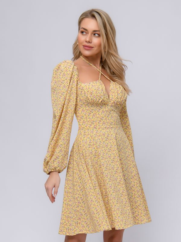 Yellow color print mini length dress with gathering on the bodice