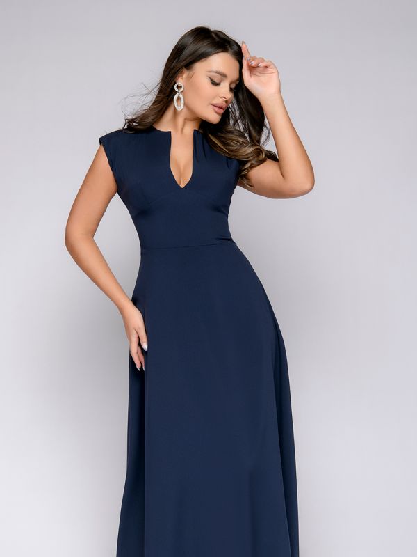 Dark blue maxi length dress with deep neckline