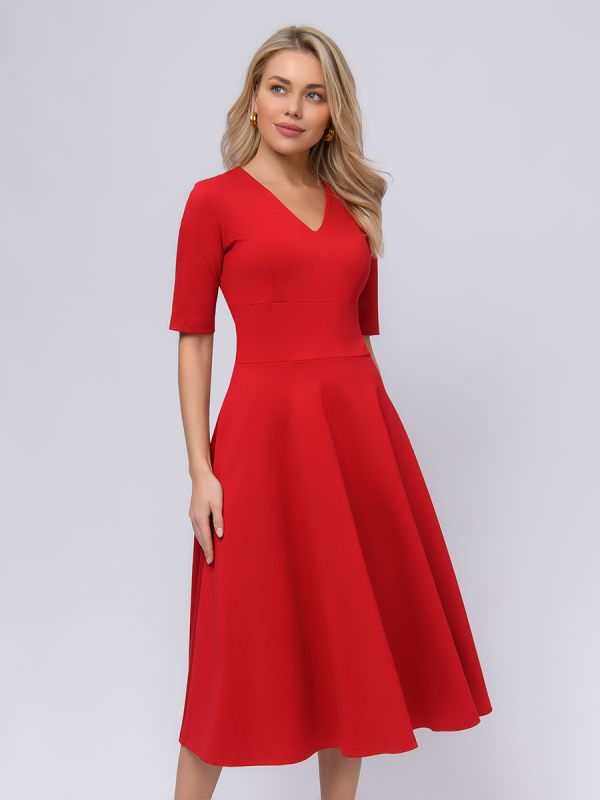 Red midi length dress with deep neckline and 1/2 sleeves