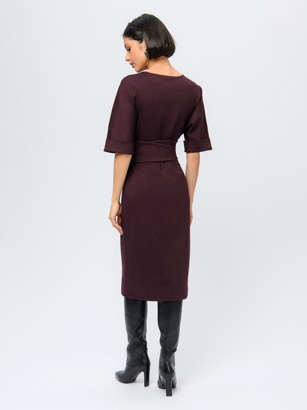 Midi length burgundy dress with belt and batwing sleeves