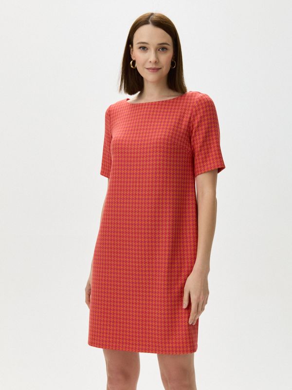 Red mini houndstooth print dress with short sleeves