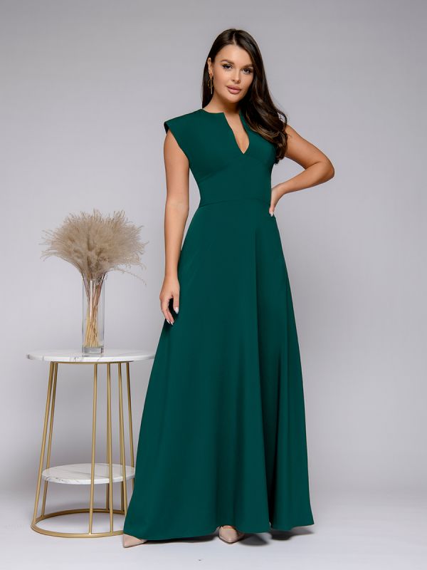 Green maxi length dress with deep neckline