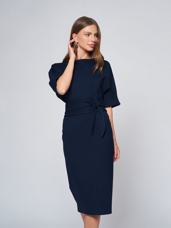 Blue midi length dress with belt and batwing sleeve