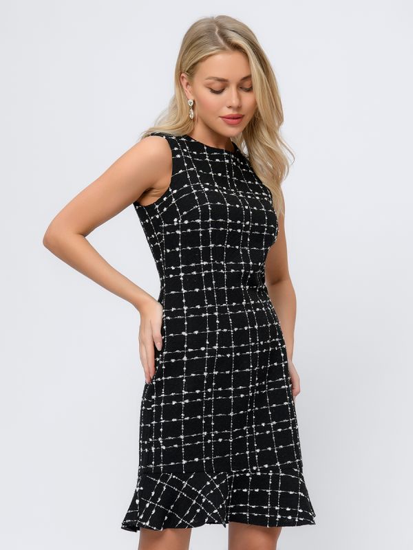 Sleeveless black plaid tweed mini length dress