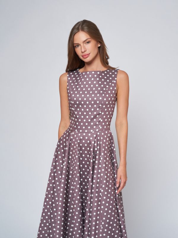 Beige polka dot midi length retro dress