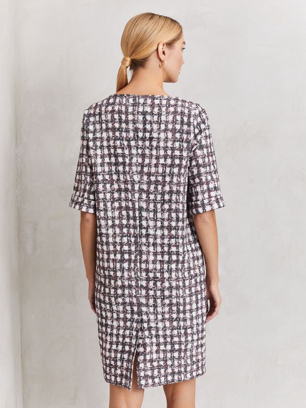 Milk colored plaid mini length dress with 1/2 sleeves