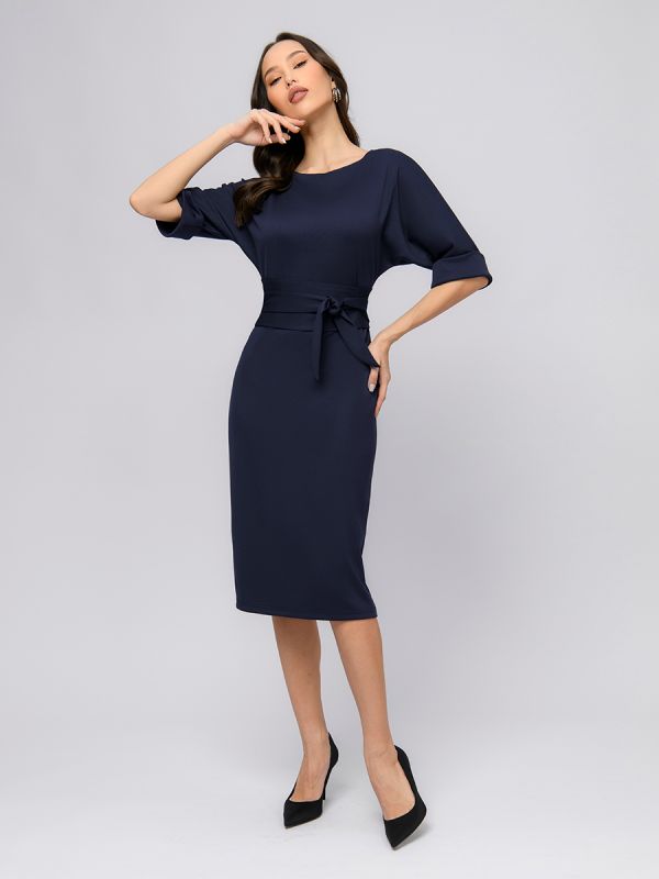 Dark blue midi length dress with belt and batwing sleeve