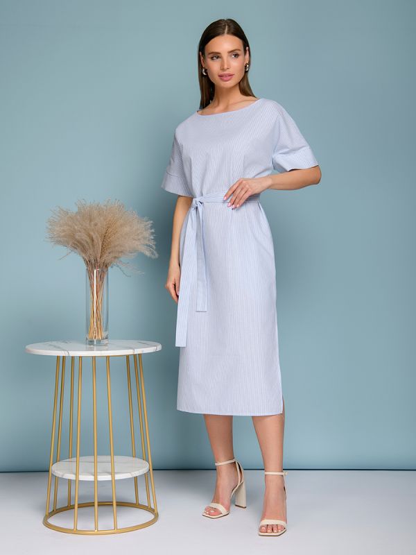 Blue striped white midi length dress with short sleeves