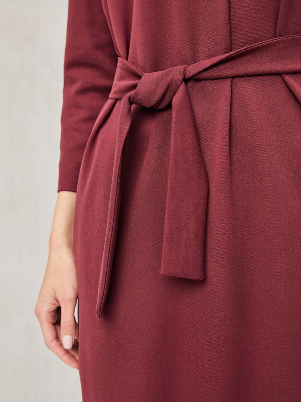 Burgundy dress with gathers on shoulders and waistband