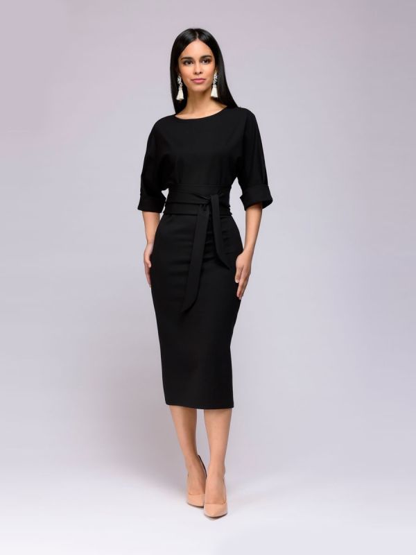 Black midi length dress with belt and batwing sleeve