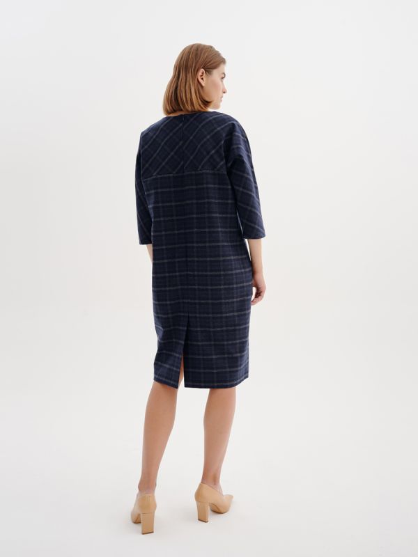 Dark blue plaid dress with 3/4 sleeves